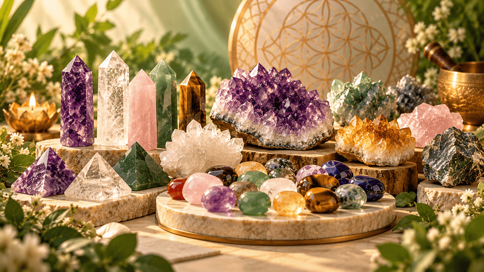 Tumbled stones, crystal clusters, towers and pyramids