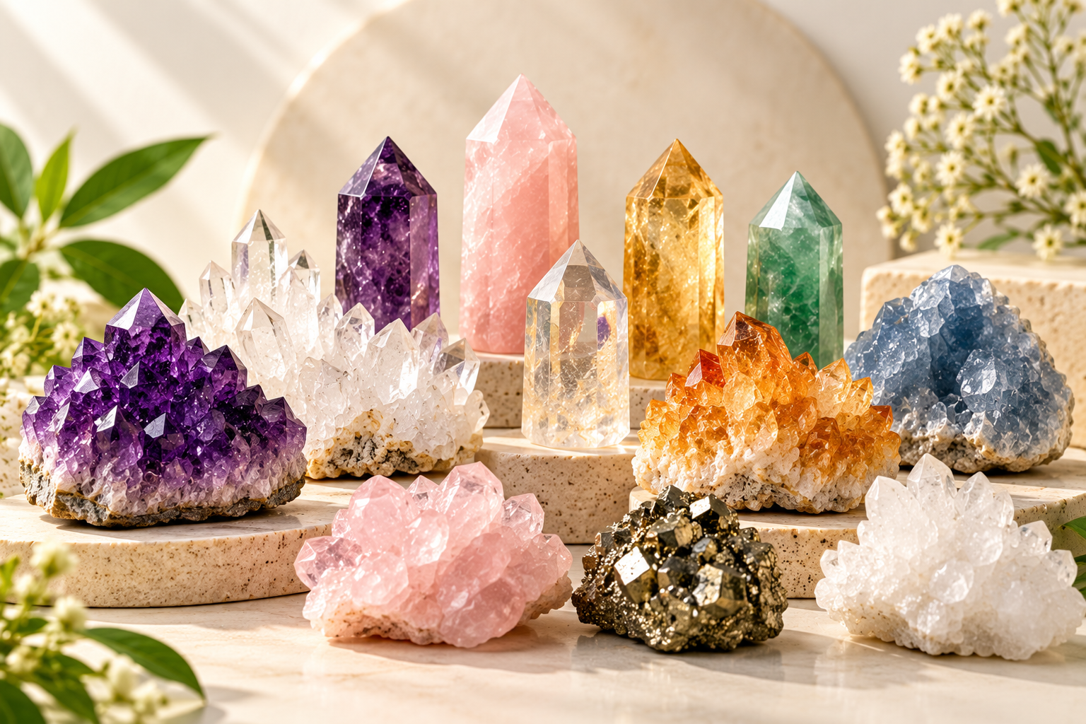 Crystal collection arranged on stone shelves