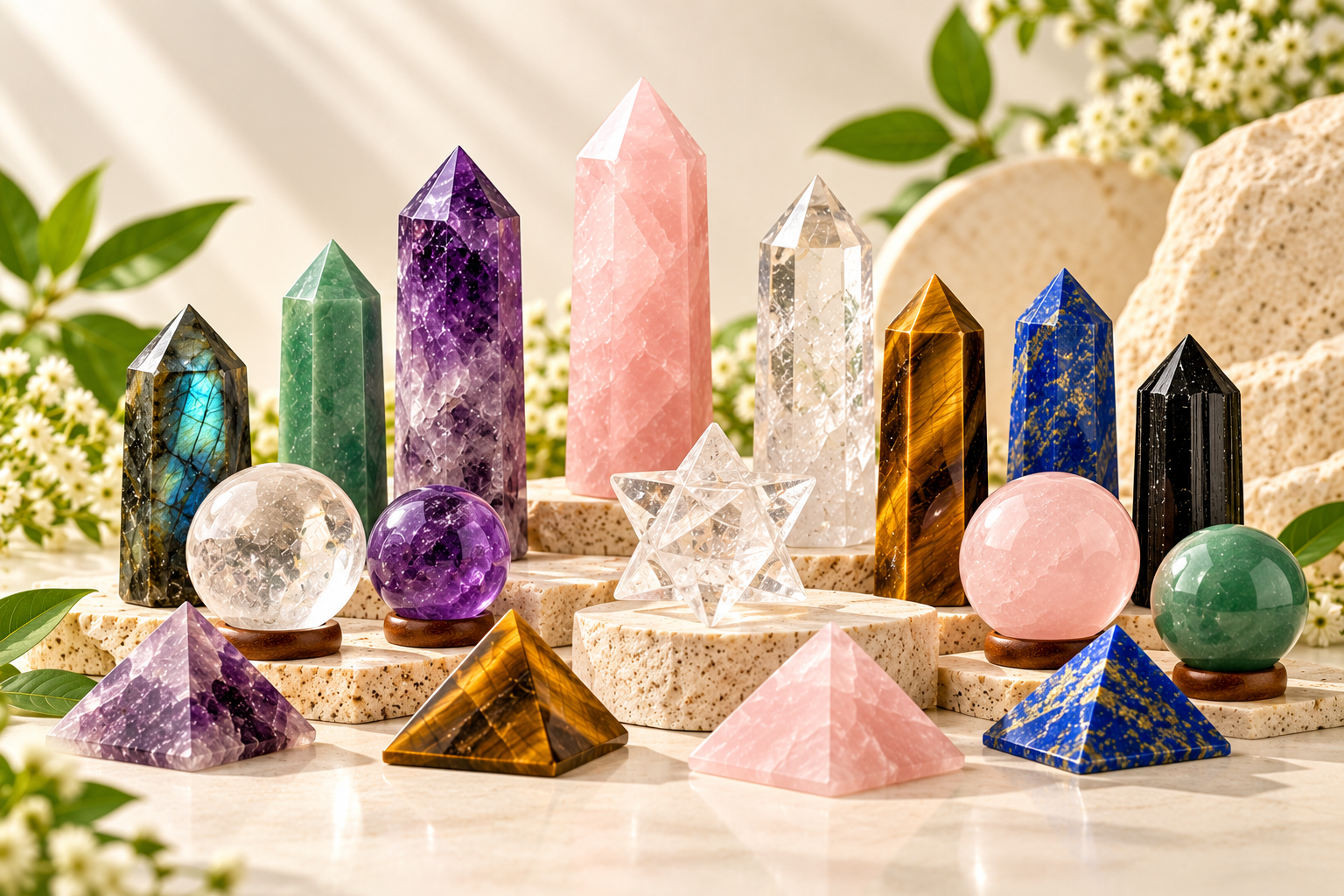 Crystal towers, generators and pyramids in an altar arrangement